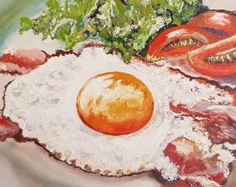 Cuadro al óleo de huevo frito, arte mural de cocina con temática gastronómica (23 x 30 cm)