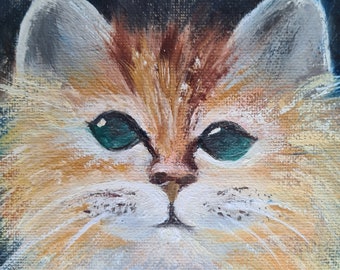 Pintura al óleo original de un gato esponjoso, retrato artístico de mascota