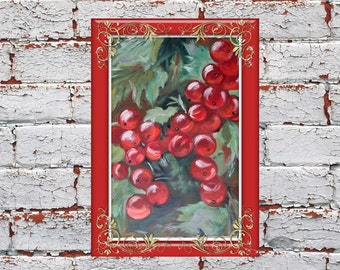 Pintura al óleo de grosellas rojas, arte mural de cocina con bayas