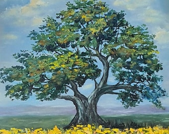 Pintura al óleo original de un roble, gran paisaje campestre.