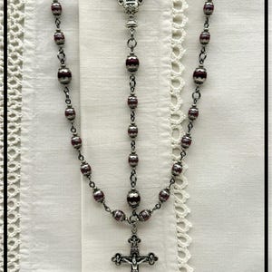 Swarovski Crystal Iridescent Red Pearl w/ Swarovski Crystal Elderberry Pearl Five Decade Catholic Rosary