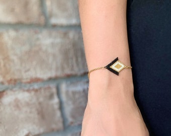 Hand-woven seed bead bracelet /Miyuki Delica beads/Black×White×Gold