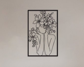 Female Line Art: Metal Wall Decor with Flowers