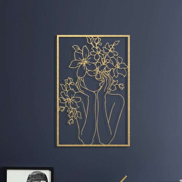 Gold Metal Line Art, Female Face Gold Wall Art, Gold Wall Decor Above Bed