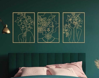 Female Gold Wall Decor, Set of 3 Wall Art, 3 Piece Gold Metal Wall Art, Gold Female Line Art