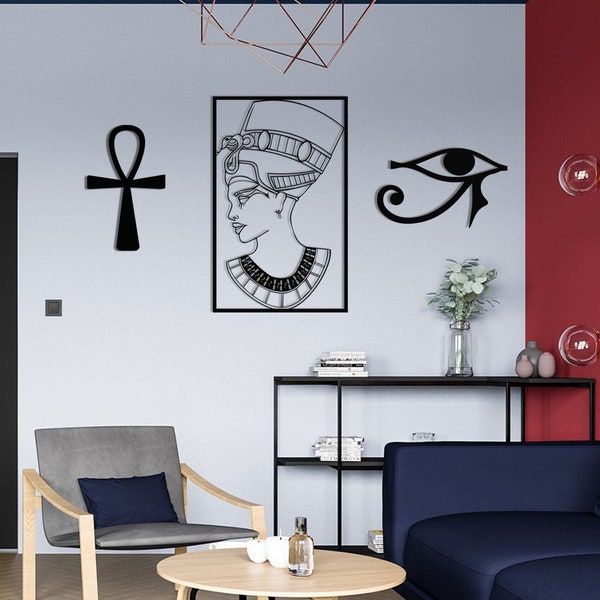 Nefertiti Wall Decor, Eye of Horus and Ankh Symbol, Above Bed Decor Set