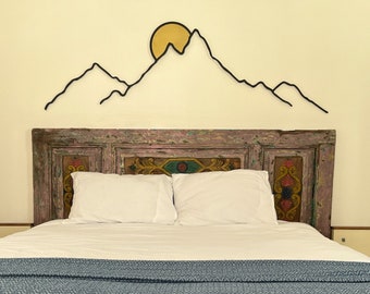 Mountain and Sun Metal Wall Art: Boho Living Room Decor