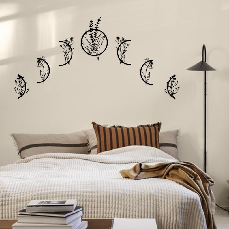 Moon Wall Hanging Metal Moon Phases Floral Wall Art Set Etsy