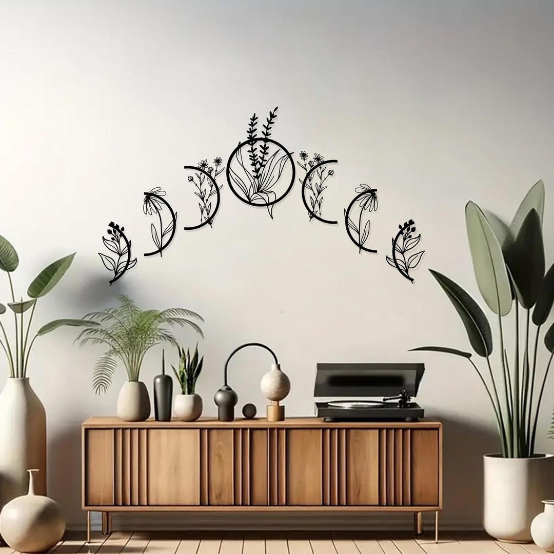 Floral Crescent Moon Wall Art: Metal Phases Decor - Etsy