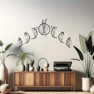 Muurkunst maan, muurdecoratie maansikkel, esthetiek kamerdecor, bloemen maankunst, cadeau natuurliefhebber
