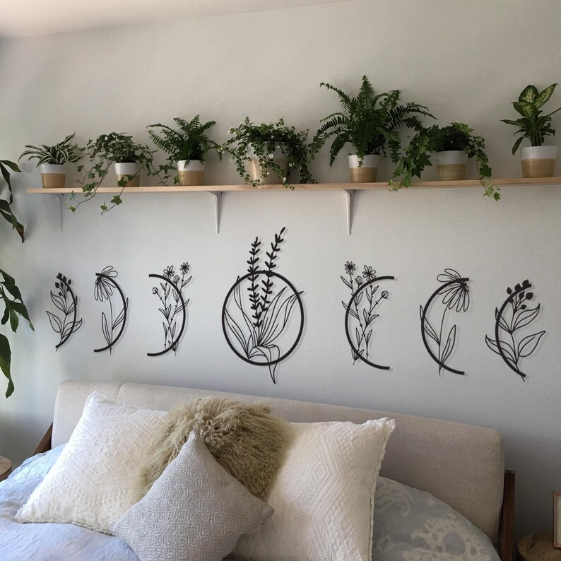 Moon Wall Hanging Metal Moon Phases Floral Wall Art Set Etsy