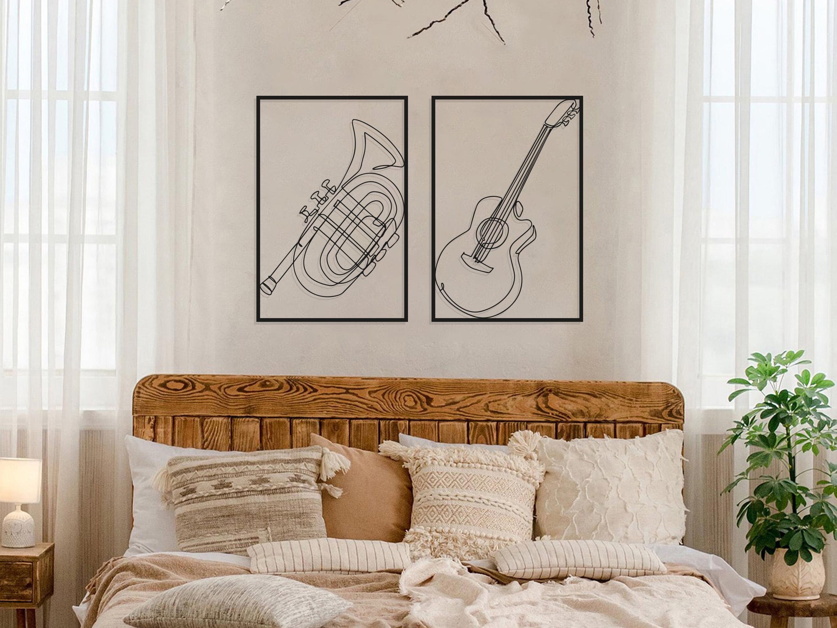 Set of 2 Musical Instruments Wall Art, Guitar and Tuba Wall Decor, Music Line Art, French Horn Wall Art, Music Lover Gift