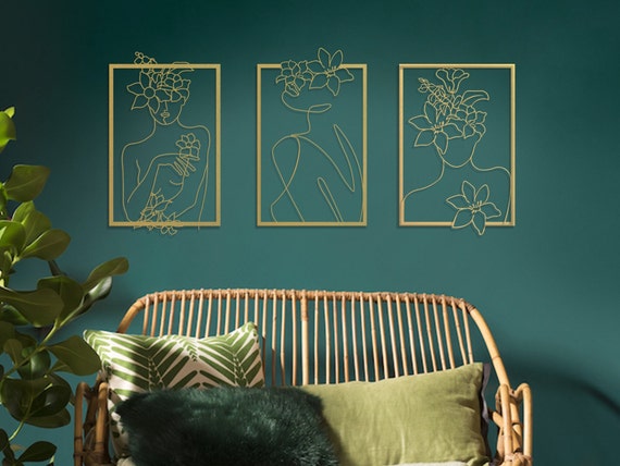 Gold Metal Female Wall Art Set: Minimalist Line Art Decor