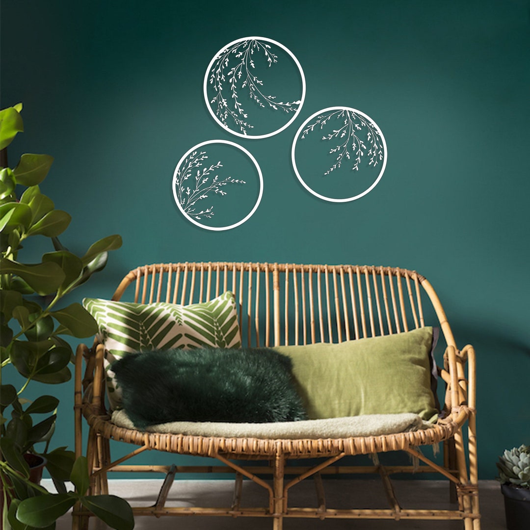 3 Pieces Wall Art Set, White Branch Metal Wall Decor, White Floral