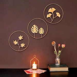 Set Of 3 Scandi Gold Metal Wall Art, Wall Hangings, Wall Decor Leaf Tapestry, Boho Home Decor Nordic Home