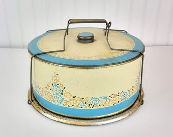 Vintage Cake Carrier, Turquoise Metal Cake Taker, Blue Floral Design Metal Tin