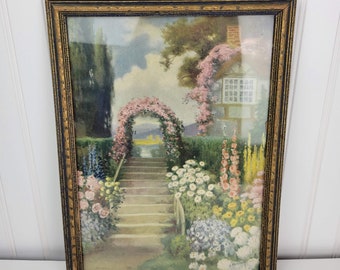 Vintage Framed R. Atkinson Fox Print, Floral Garden Painting G. Blanchard Carr
