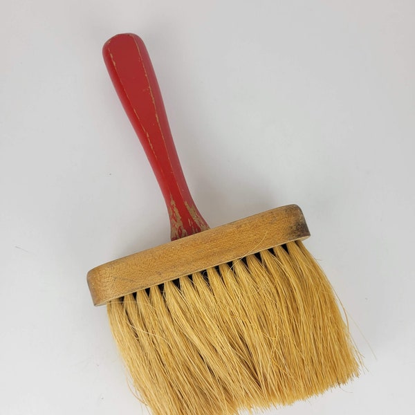 Hand Broom Red Wood Handle, Vintage Paint Brush Chippy Paint