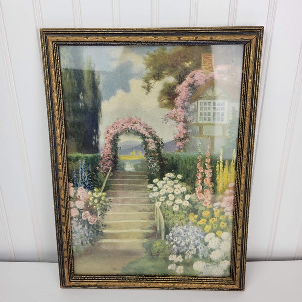 Vintage Framed R. Atkinson Fox Print, Floral Garden Painting G. Blanchard Carr