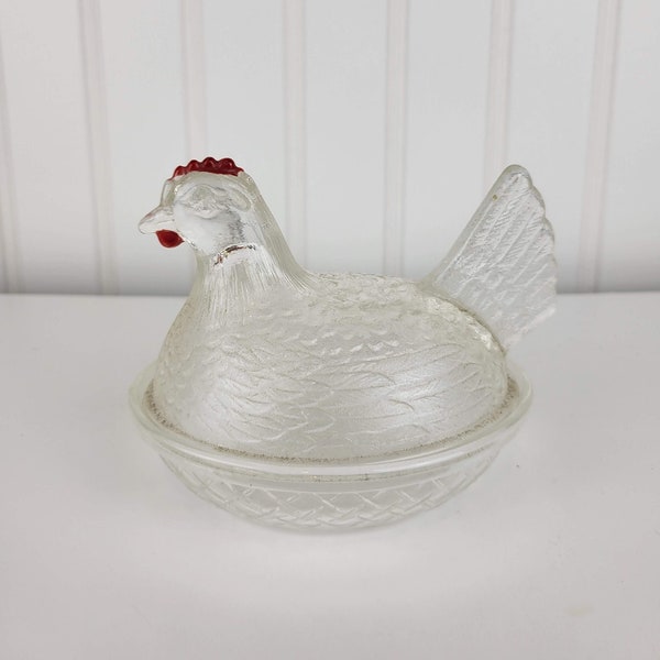 Clear Hen On Nest with Red Comb, Small Vintage Chicken Dish