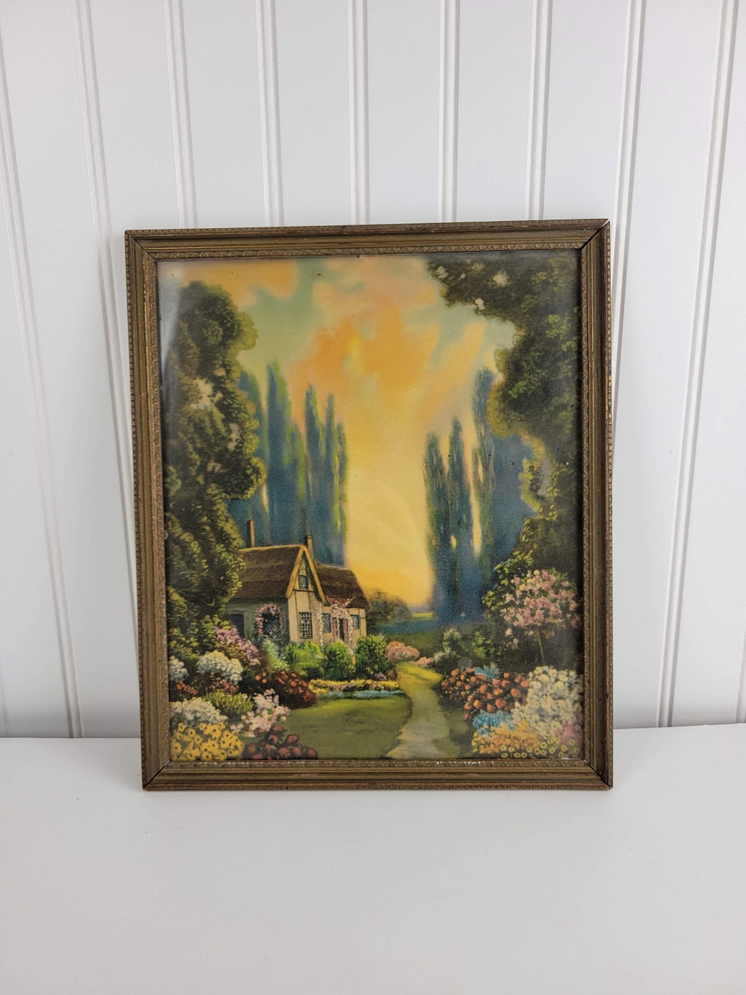 Vintage Cottage Painting, Framed Floral Painting, Floral Cottage ...
