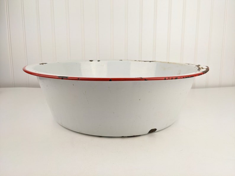 Vintage White Enamel Basin Vintage Enamel Bowl With Red Trim Etsy