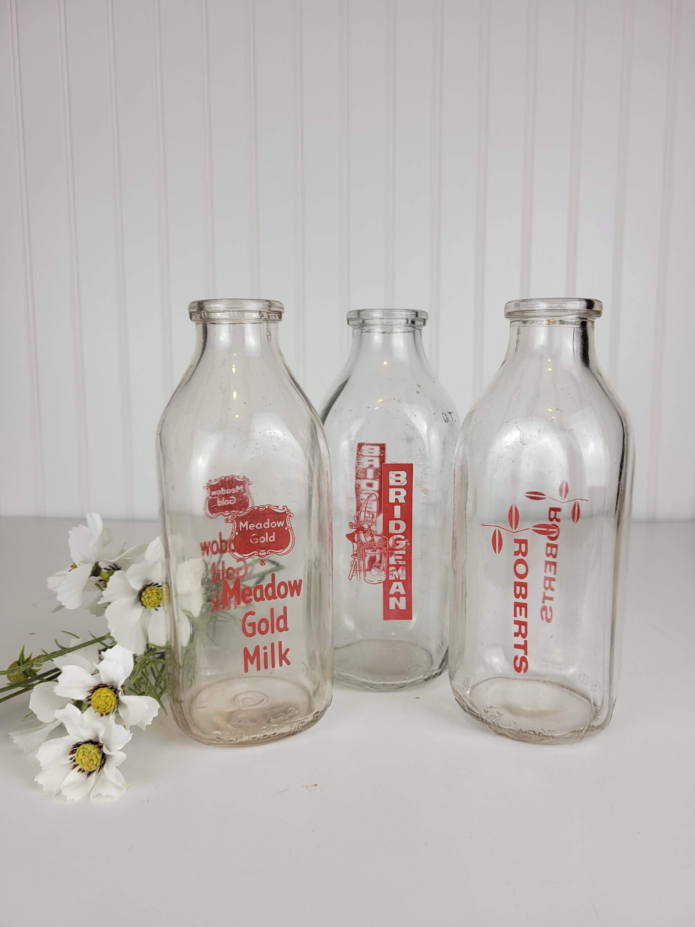 Set of 3 Glass Milk Bottles, Meadow Gold Milk Glass Bottle 