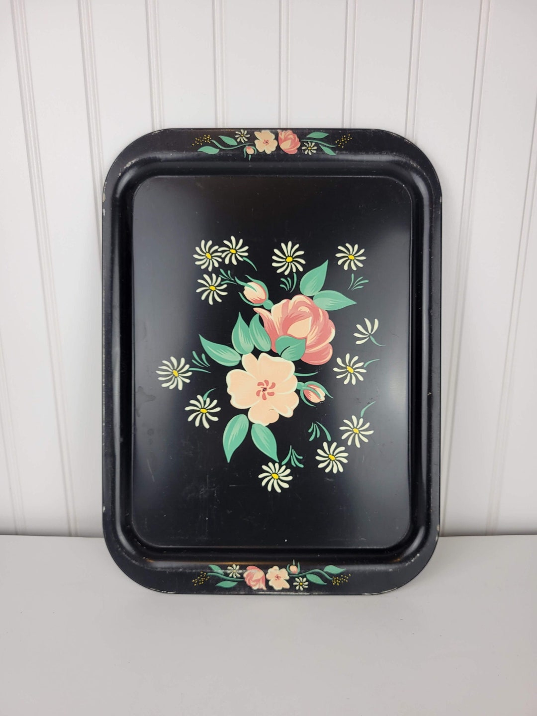 Vintage Metal Serving Tray Black Floral Kitchen Tray Pink Etsy