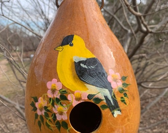 Gourd Birdhouse, Hand painted gold finch gourd, birdhouse, garden art, painted gourd, handmade, birdhouse art, gourd art, bird house
