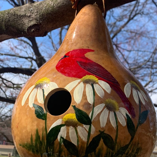 Gourd Birdhouse, Hand painted red cardinal gourd,birdhouse, garden art, painted gourd, handmade, birdhouse art, gourds, gourd art, birdhouse