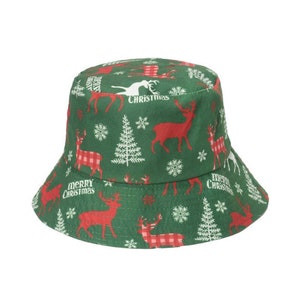 Green Christmas Reindeer & Snowflake Print Bucket Hat,Merry Christmas Tree Pattern Festive Hat,Unisex Buffalo Plaid Reindeer Christmas Hat
