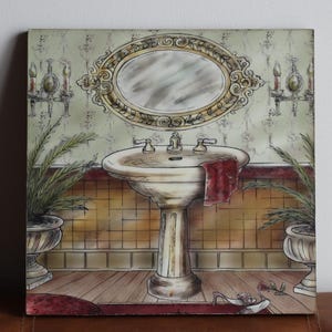 Vintage Bathroom Sink and Gold Ornated Mirror Wall Art,Chandeliers & Plant Vases Artwork,French Country Sink Art,Victorian Bathroom Wall Art