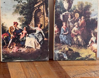 Vintage French Rococo Art Panels Set of 2- Classical European, Romantic Pastoral Courtship Decor