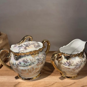 Juego de azucarero y lechera de porcelana vintage con diseño floral iridiscente de rosas - Japón - Artículo de colección raro - Vajilla para servir té y cocina