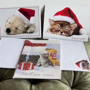 Set of 3 Vintage Christmas Pet Lovers Holiday Greeting Cards,Cute Kitten & Puppy with Santa Hats,Cartes Anciennes de Noël en Français