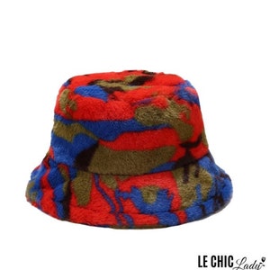 Vintage Scarlet Macaw Bucket Hat | Super luxury hat inspired by Scarlet Macaw feather palettes | LE CHIC LADY Branded faux fur hat