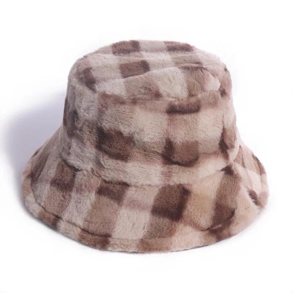 Brown & Beige Cozy Plaid Fuzzy Bucket Hat,faux Fur Winter  display picture 2