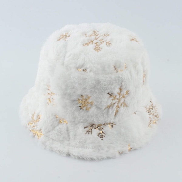 Vintage Fluffy Bucket Hat | Golden Snowflake Design Bucket hat | White fluffy Fur hat | Luxury Santa hat  | LE CHIC LADY