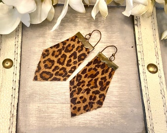 Leopard Print Lederen Oorbellen, echte leren oorbellen, leren oorbellen, franje oorbel