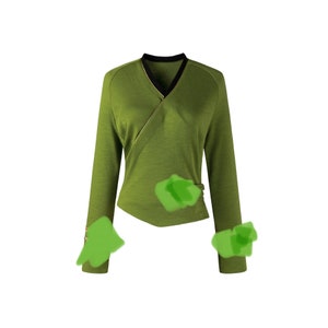 May include: Olive green long-sleeved top with a wrap-style front and a V-neckline. The collar and neckline are trimmed with black and gold. The sleeves have a small gold button detail. This top is reminiscent of a Star Trek uniform.
