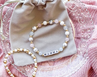 Personalized Word Bracelet  - Wonderland Enchantment - 14k Gold Plated Brass & Authentic Gemstones - Mama Bracelet - Letter Bracelet