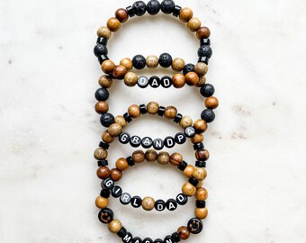 Personalized Word Bracelet - Bold Collection  - Black Onyx, 8mm Authentic Lava Gemstones & 8mm Walnut  - Stacking