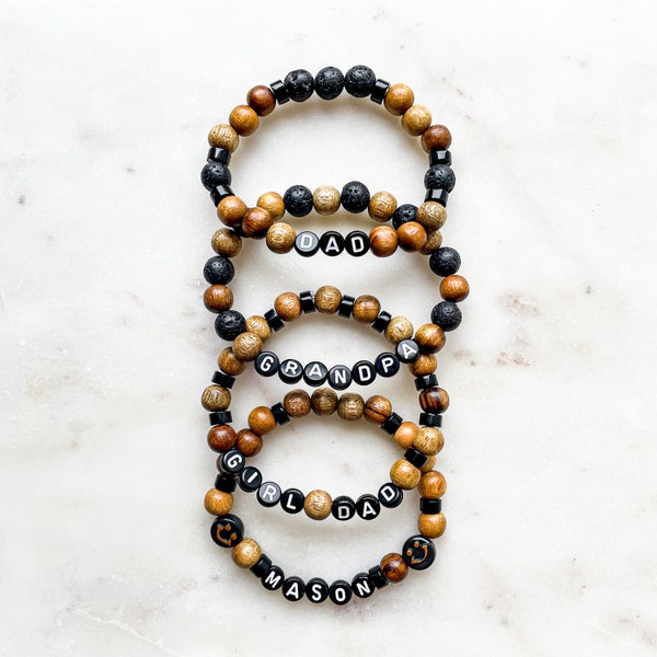 Personalized Word Bracelet - Bold Collection  - Black Onyx, 8mm Authentic Lava Gemstones & 8mm Walnut  - Stacking