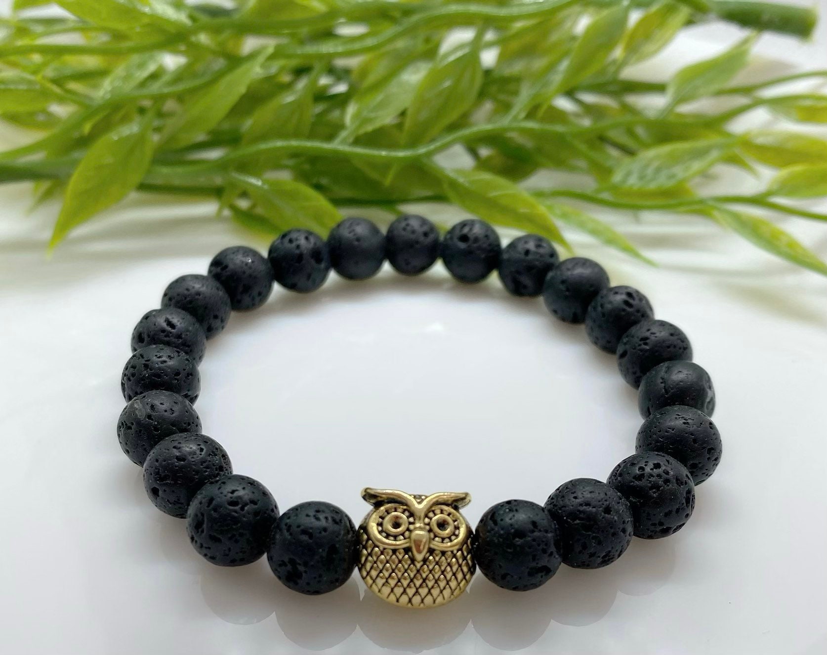 Black lava bracelet/Healing bracelet/Owl charm/Gift for her/him/8mm beads
