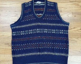 Vintage LL Bean Mens Sweater Vest Size XL Fair Isle 100% Cotton Blue Multi Color