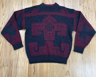 Vintage Permit Sweater Large Gray Maroon Abstract Geometric Aztec Knit Crewneck