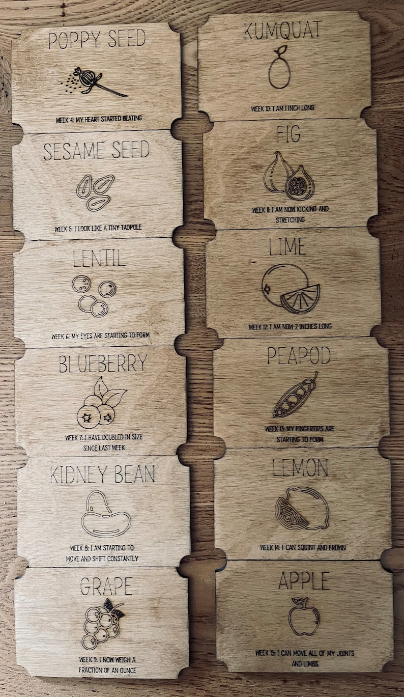 May include: A set of 10 wooden cards with illustrations of different fruits and vegetables at various stages of growth. Each card features the name of the fruit or vegetable, a simple illustration, and a description of its development during a specific week. For example, one card shows a blueberry and states "Week 7: I have doubled in size since last week."