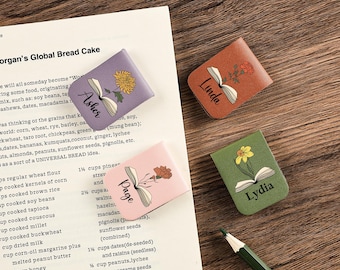 Marcapáginas de cuero personalizado con flor de nacimiento y nombre, marcapáginas magnético personalizado, marcapáginas con nombre grabado, regalo de cumpleaños para amantes de la lectura.