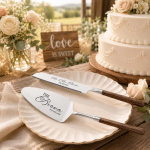 Può includere: Un set di coltello e paletta per torta nuziale con manici in legno, appoggiato su un piatto bianco. Il coltello e la paletta sono incisi con "Mr. & Mrs. Brown July 29th, 2026" e "The Brown July 29th, 2026". Una torta nuziale a due piani e composizioni floreali sullo sfondo.