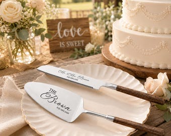 Rustikales Hochzeitstortenset, personalisiertes Tortenheber-Utensilienset mit Holzgriffen, Paar-Andenken-Geschenk